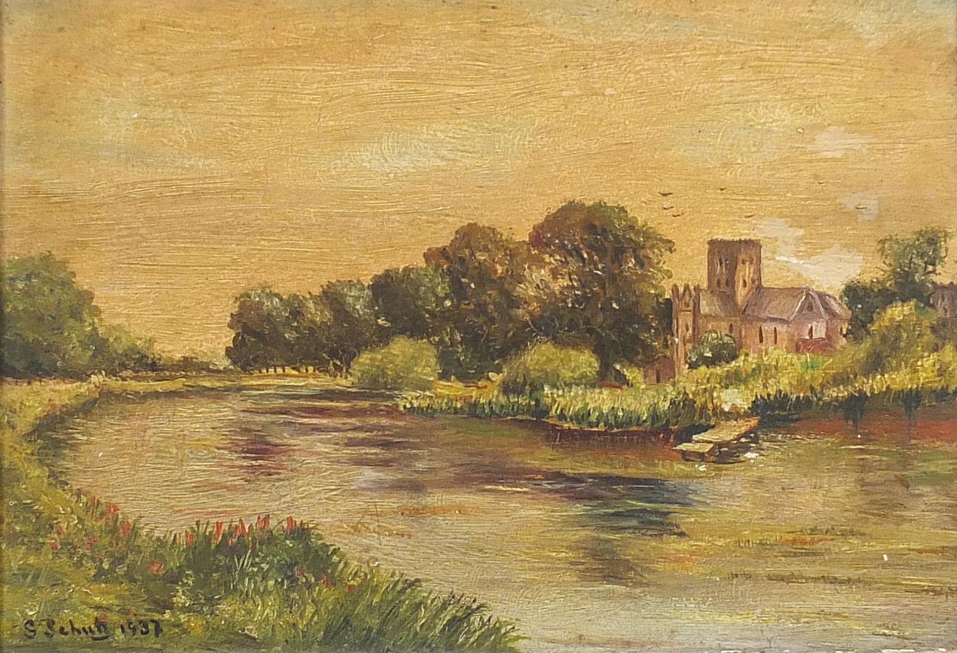 G Schuh 1937 - River landscape with a church, 20th century oil on board, mounted and framed, 29cm