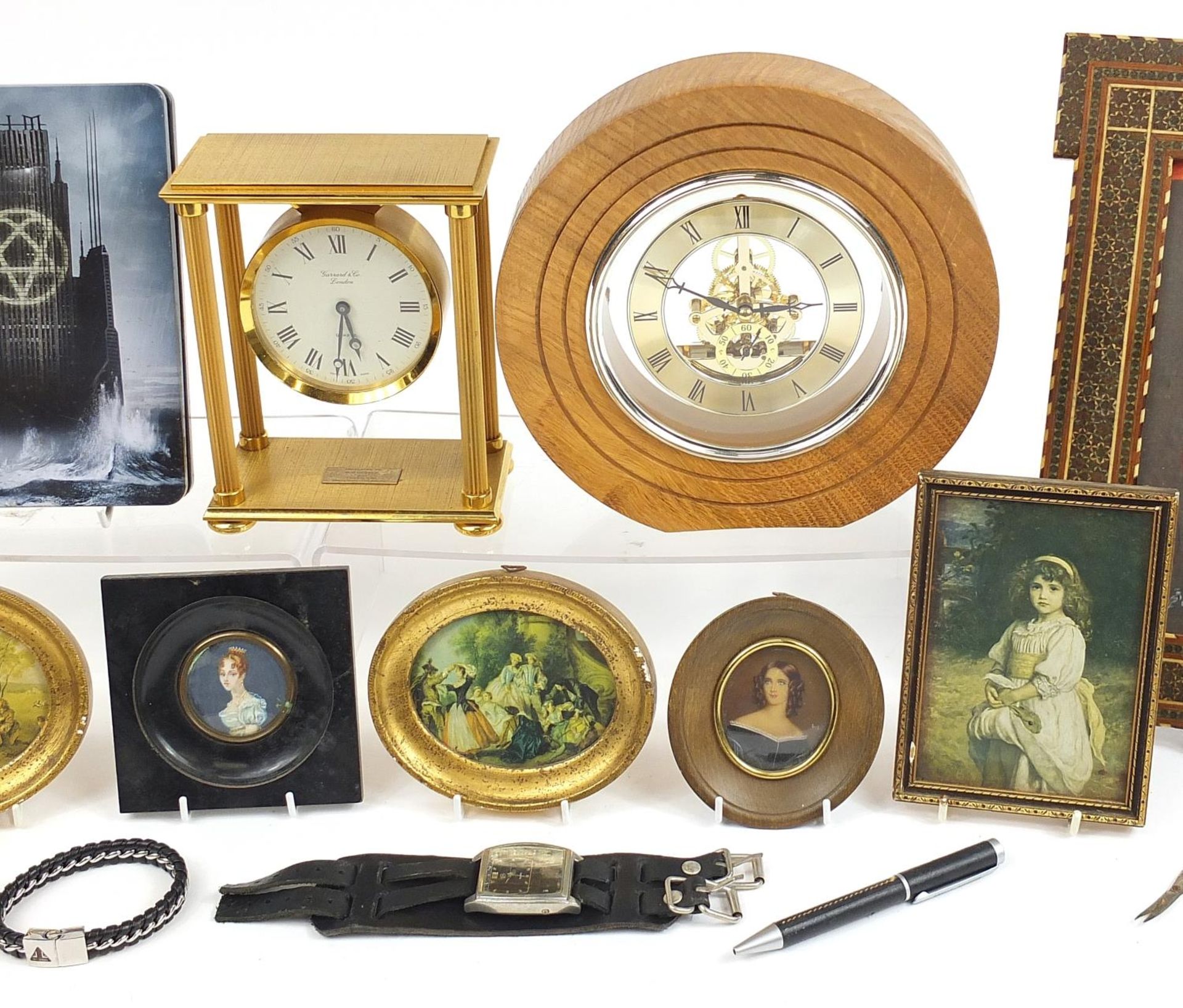 Objects including portrait miniatures, one hand painted of a young female, brass mantle clock - Image 3 of 4