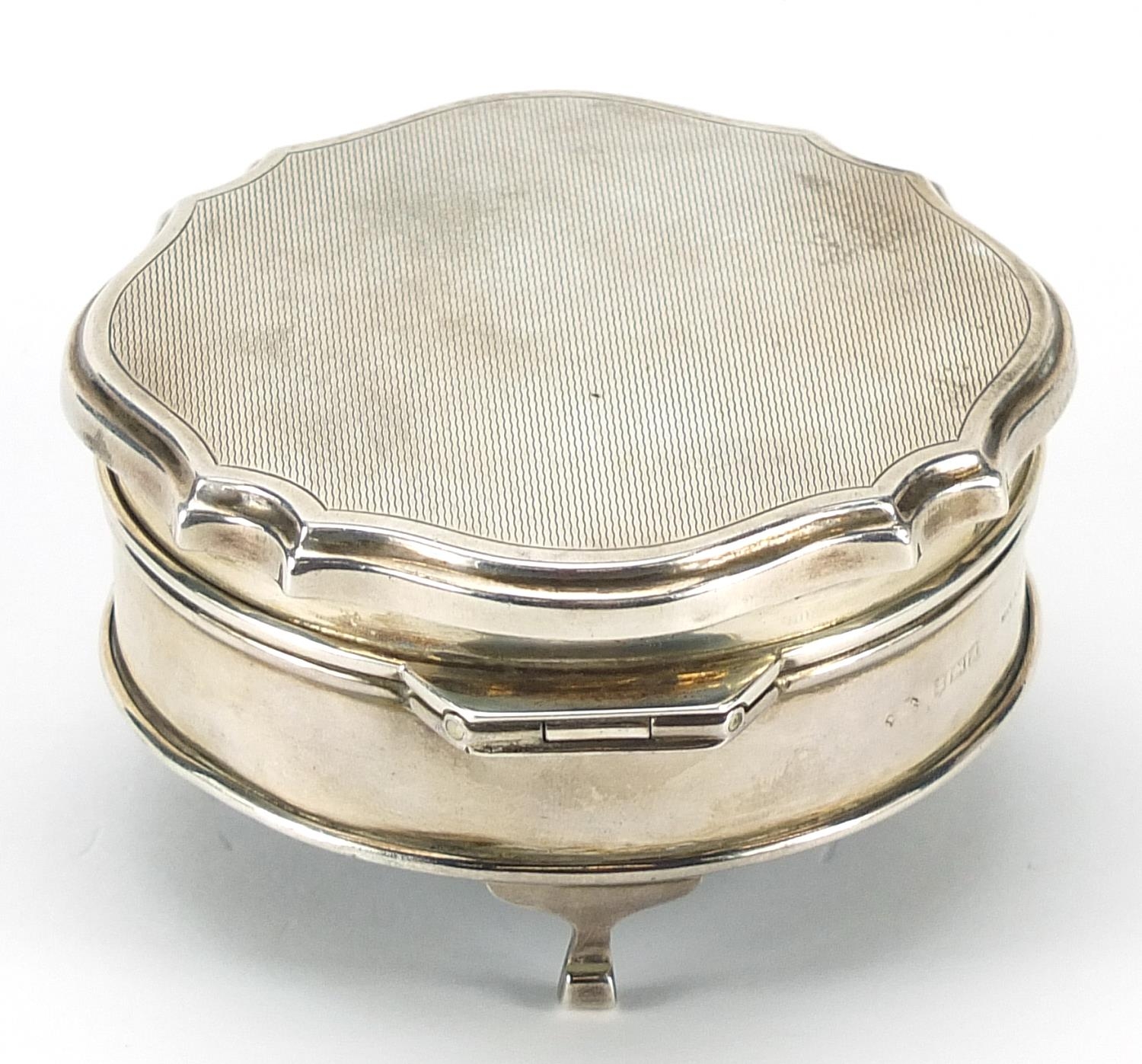 Elizabeth II circular silver jewel box with hinged lid raised on three feet, indistinct maker's mark - Image 3 of 5