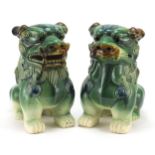 Pair of Chinese porcelain green glazed Foo dogs, 25.5cm high