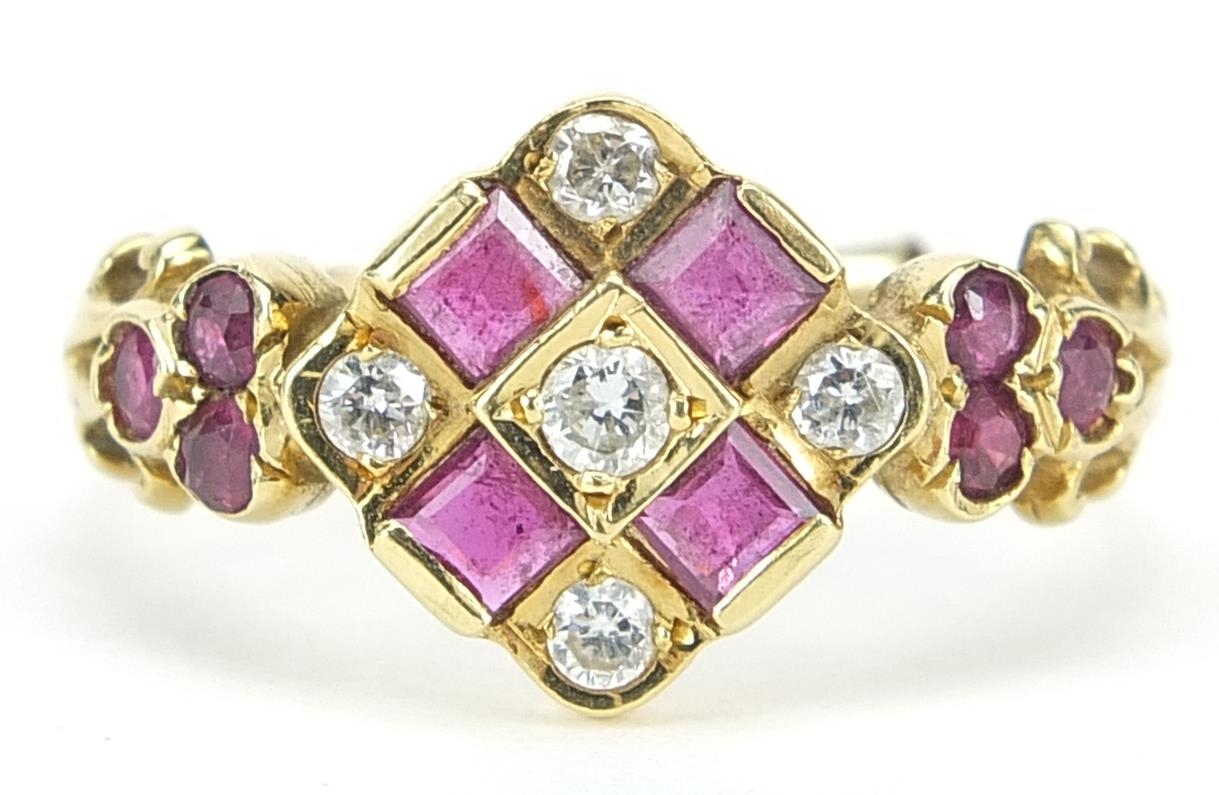 Victorian diamond and ruby cluster ring, indistinct hallmarks, size P, 4.2g