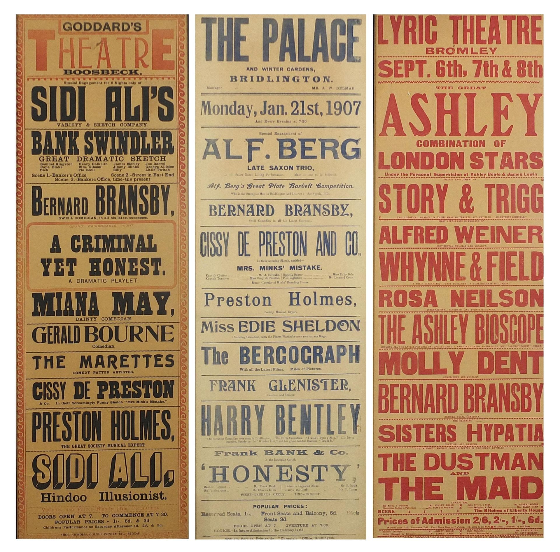 Three 20th century theatre posters including Lyric Theatre, Bromley and Goddards Theatre,
