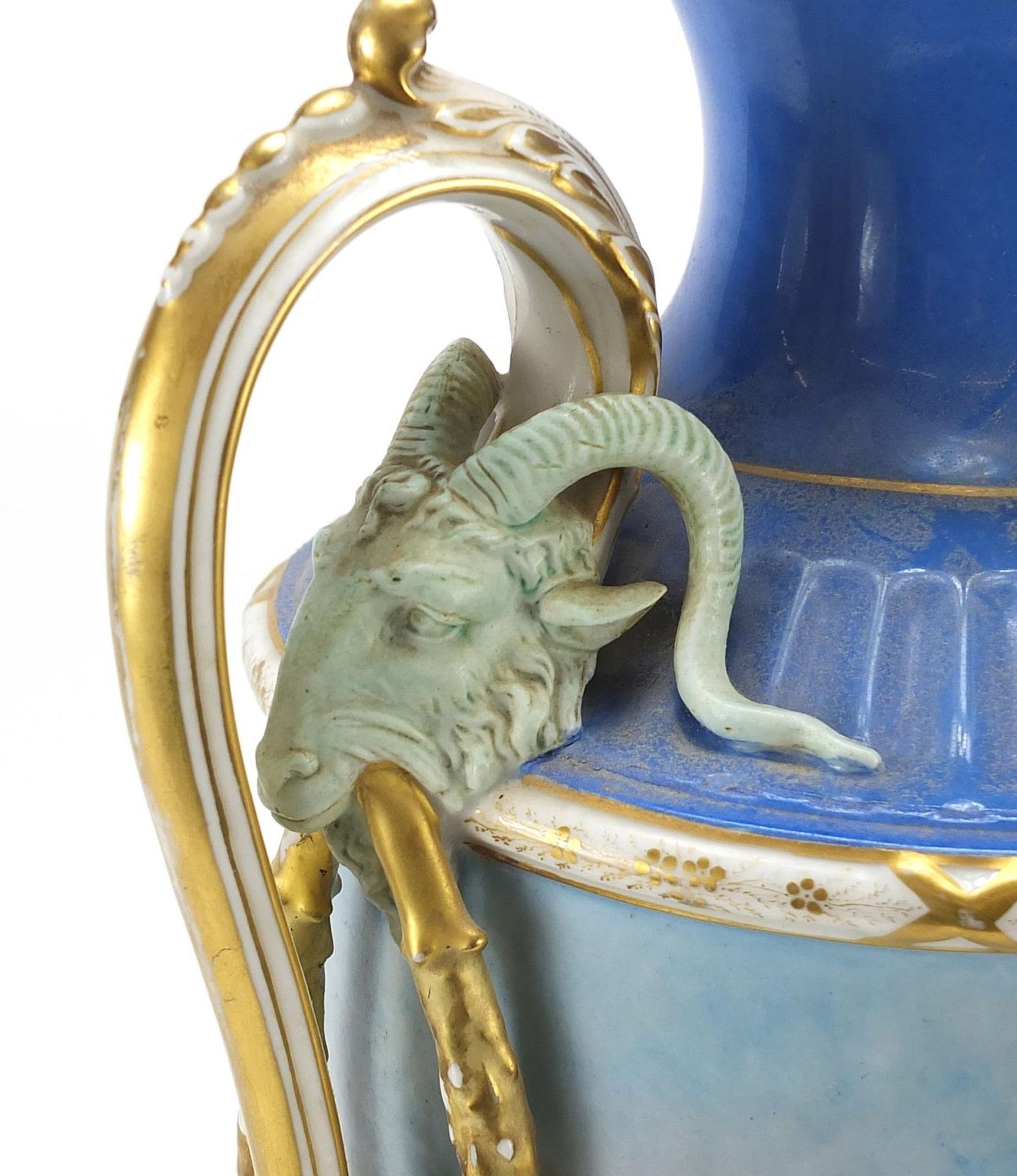 Large 19th century porcelain vase with twin goat head handles, hand painted with a young gypsy - Image 2 of 4