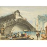After Samuel Prout - Rialto Bridge, Venice, 19th century watercolour, Spink & Son, London label