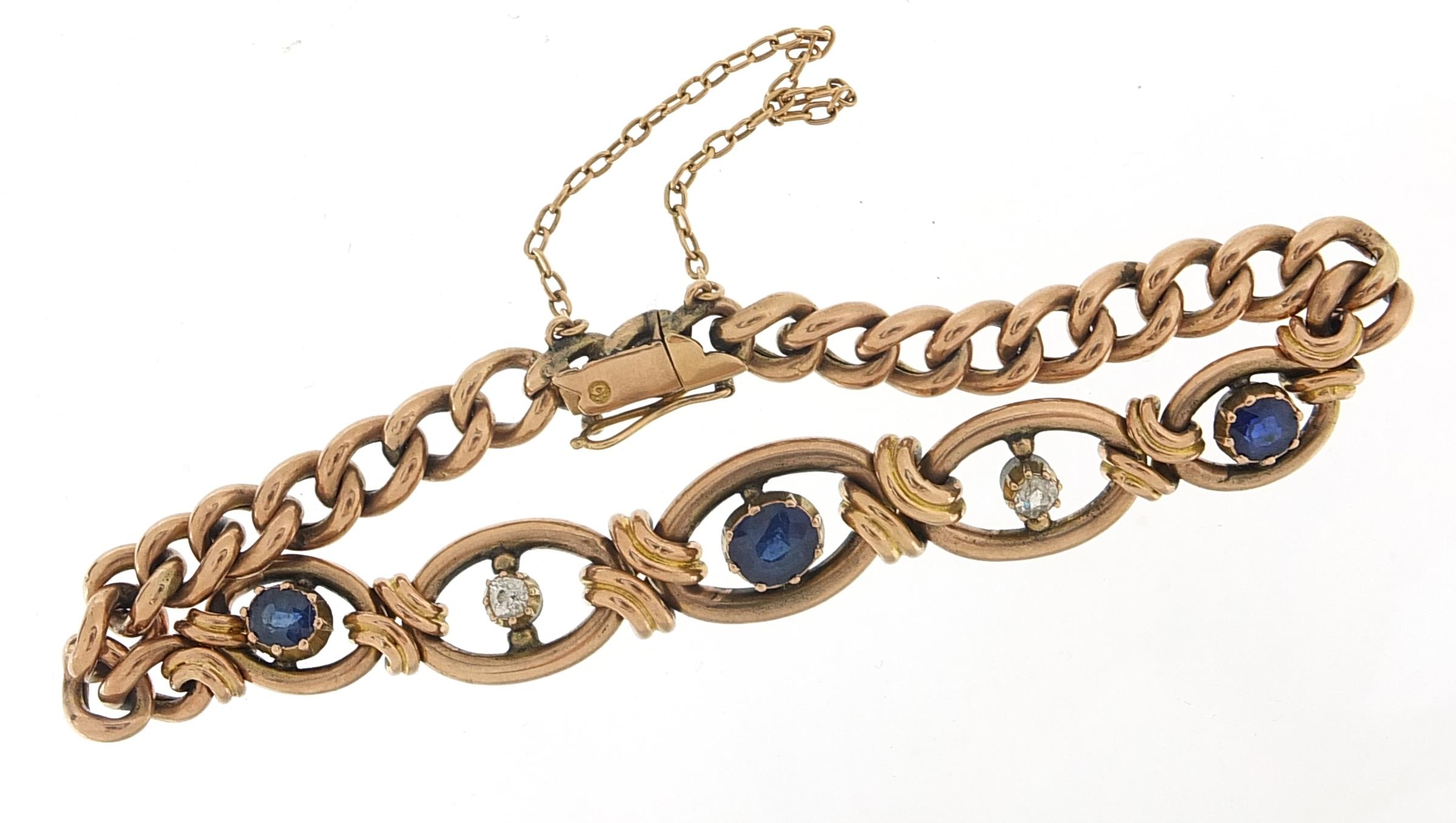 Victorian 9ct rose gold sapphire and diamond bracelet, 19.5cm in length, 15.9g - Image 2 of 3