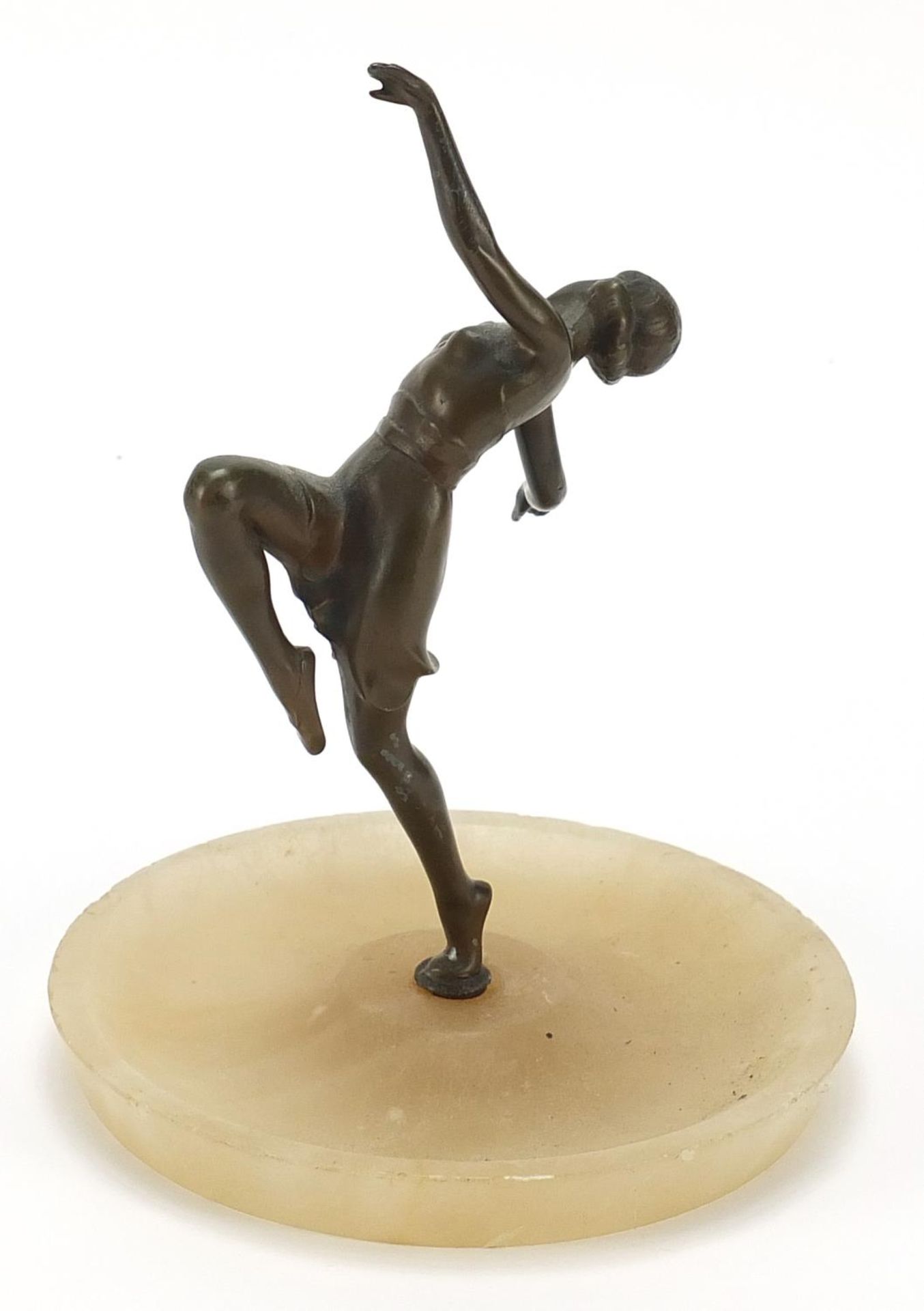 Art Deco patinated spelter and onyx dish of a female dancer, 21cm high - Image 2 of 3