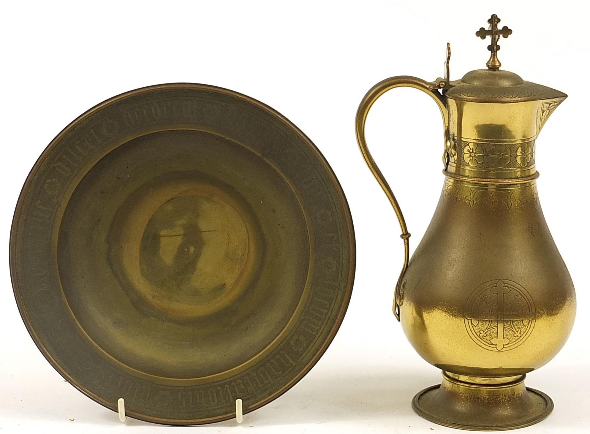 Antique gilt copper communion wine ewer and presentation plate engraved Presented to The Lady Abbess