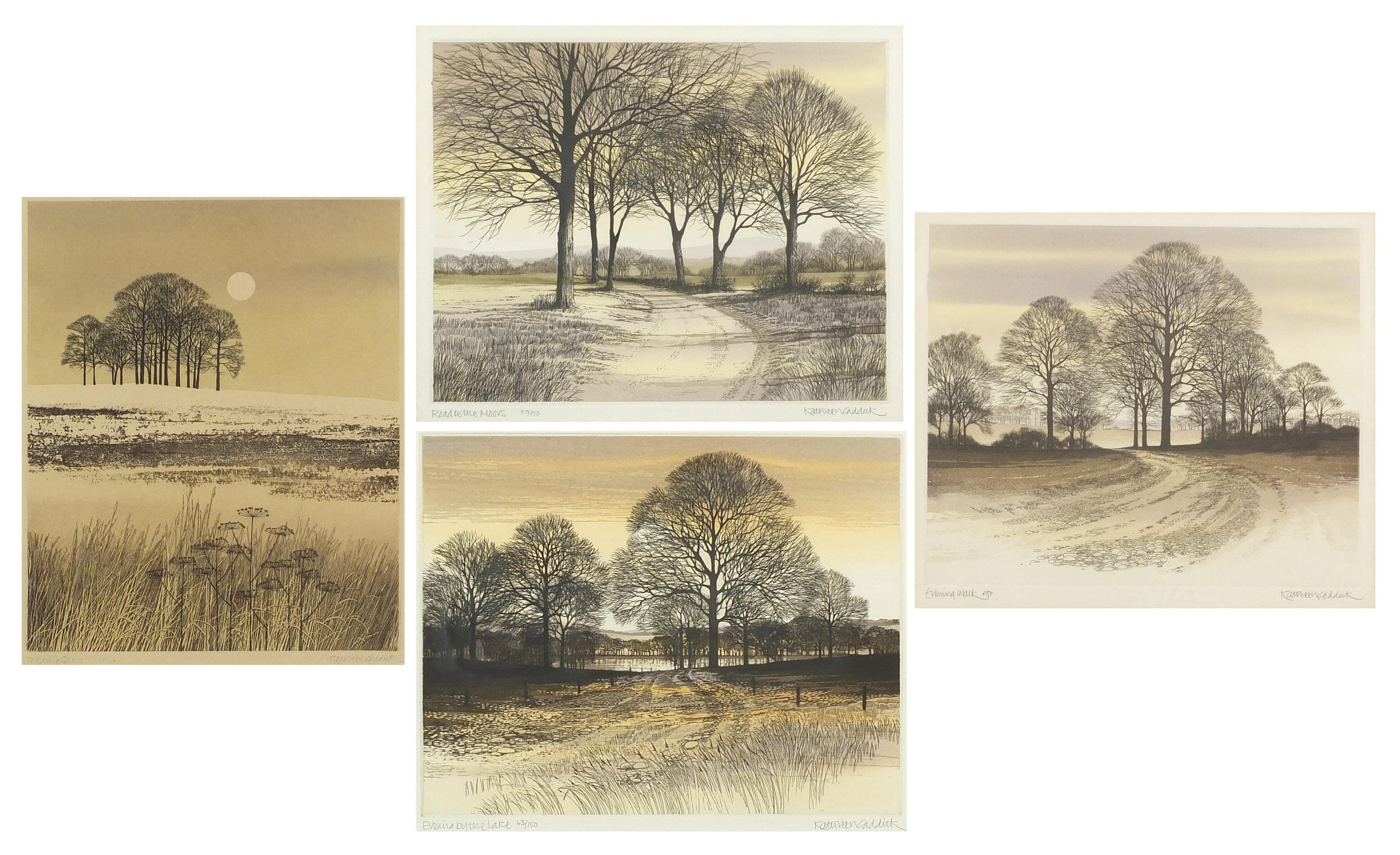 Kathleen Caddick - Road to the Moors, Evening by the Lake, Evening Walk and Melting Snow, four