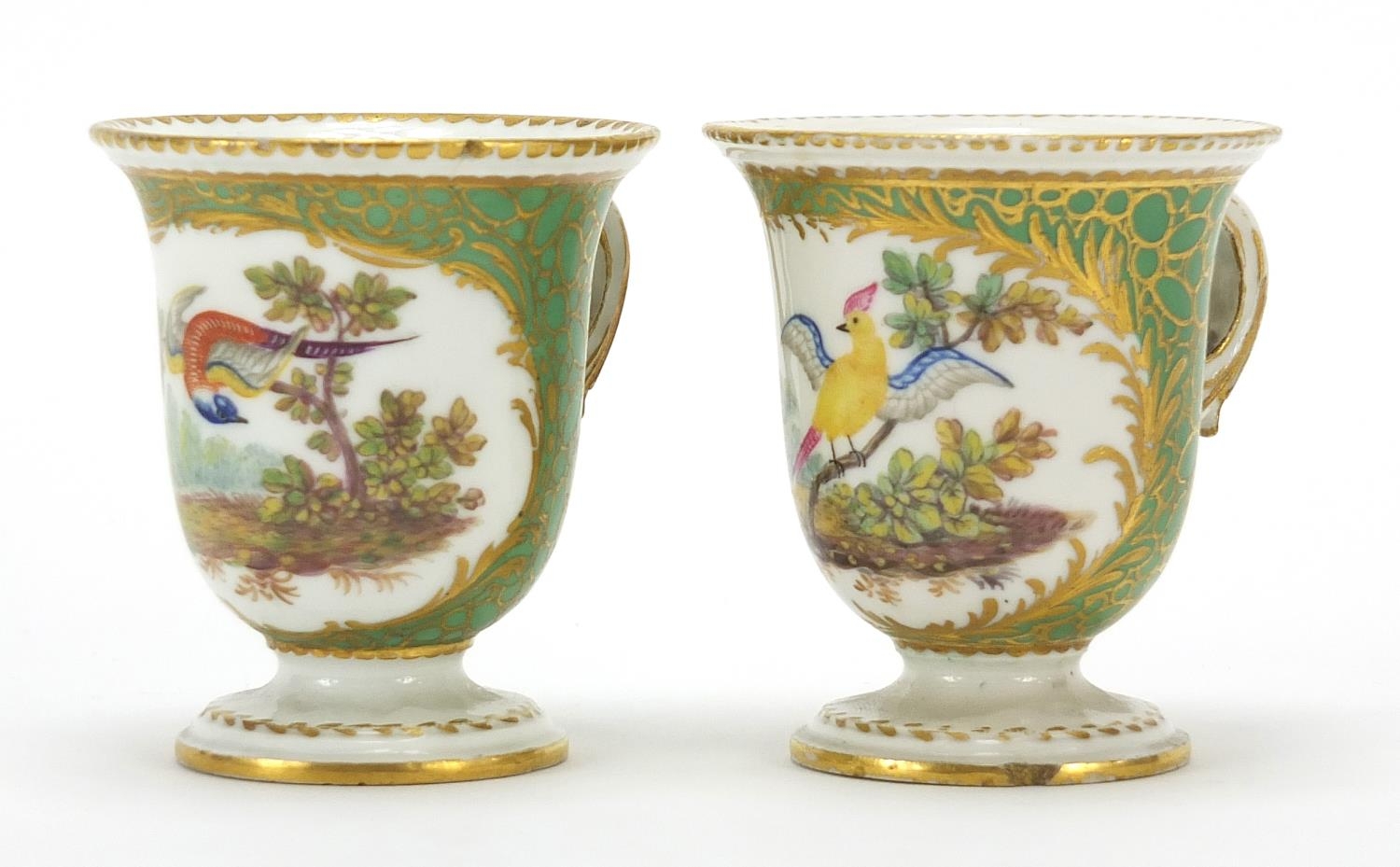 Pair of 19th century porcelain Sevres style custard cups hand painted and gilded with birds of