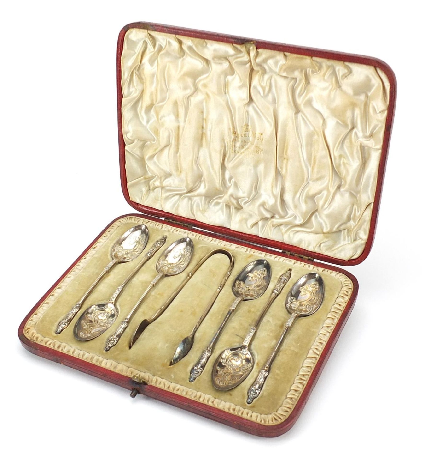 Mappin & Webb, set of six Edwardian silver apostle teaspoons and sugar tongs housed in a velvet