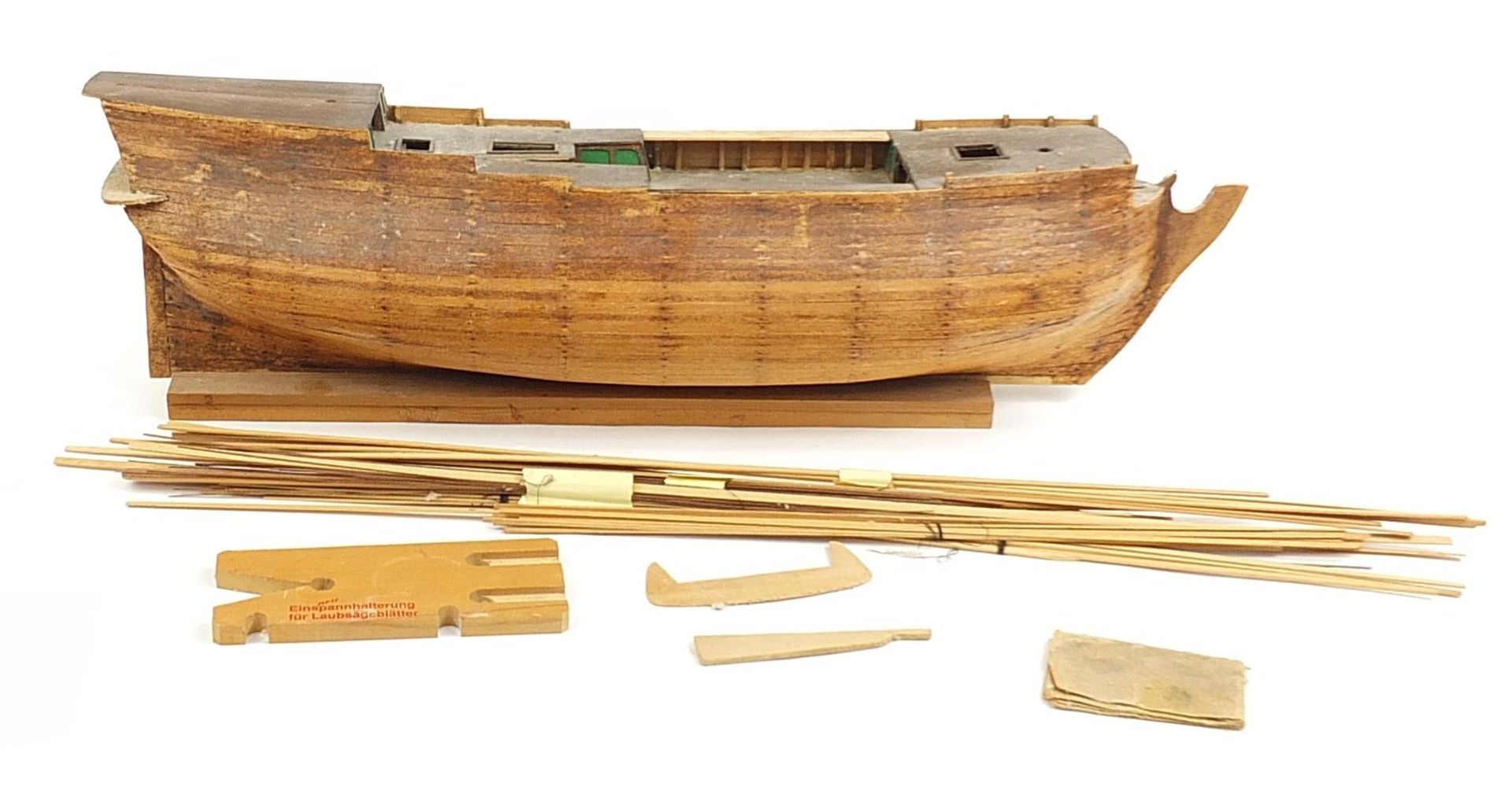 Large hand built wooden model boat, 82cm in length