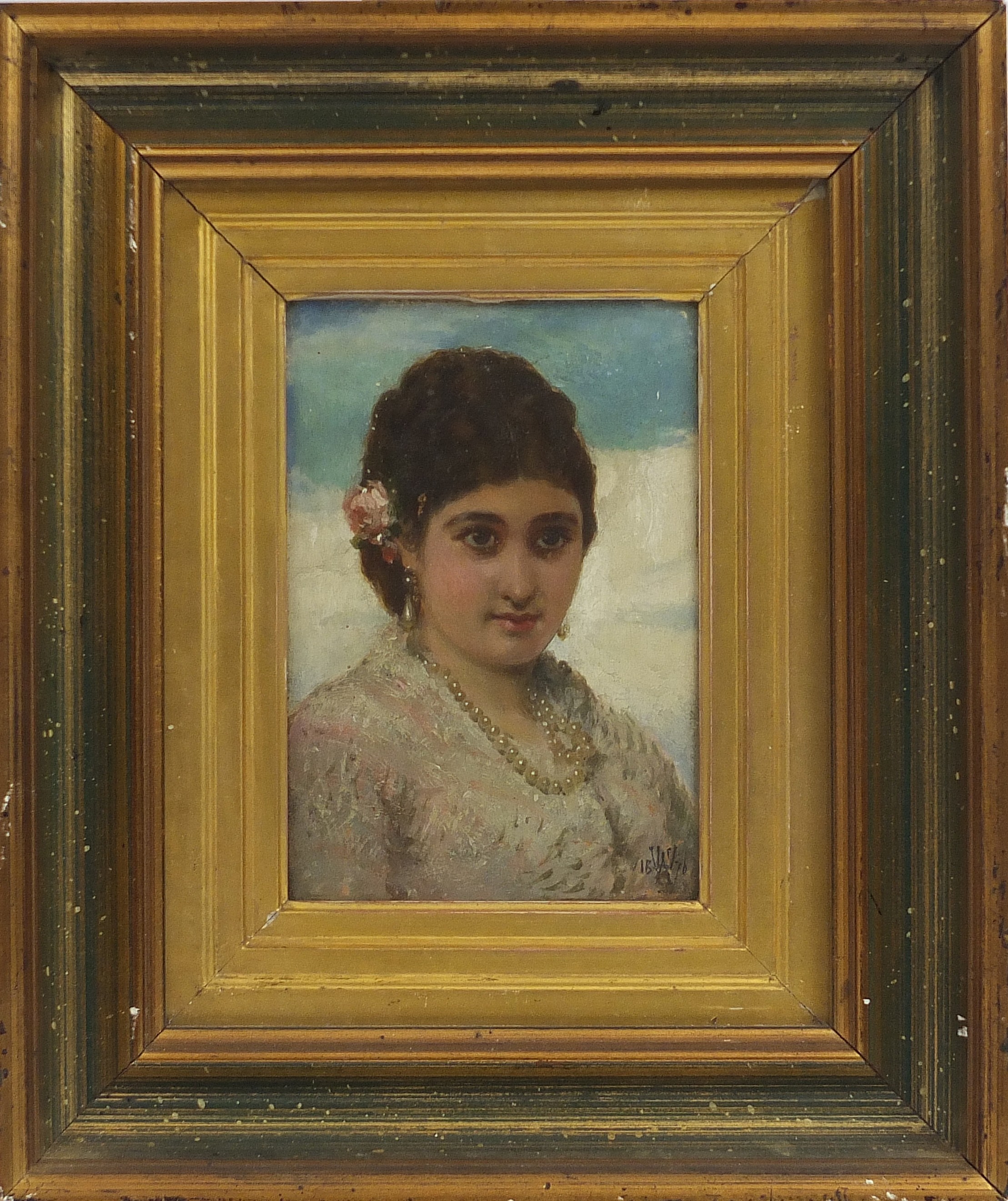 Head and shoulders portrait of a lady wearing pearls, late 19th century Italian oil, indistinctly - Image 2 of 4