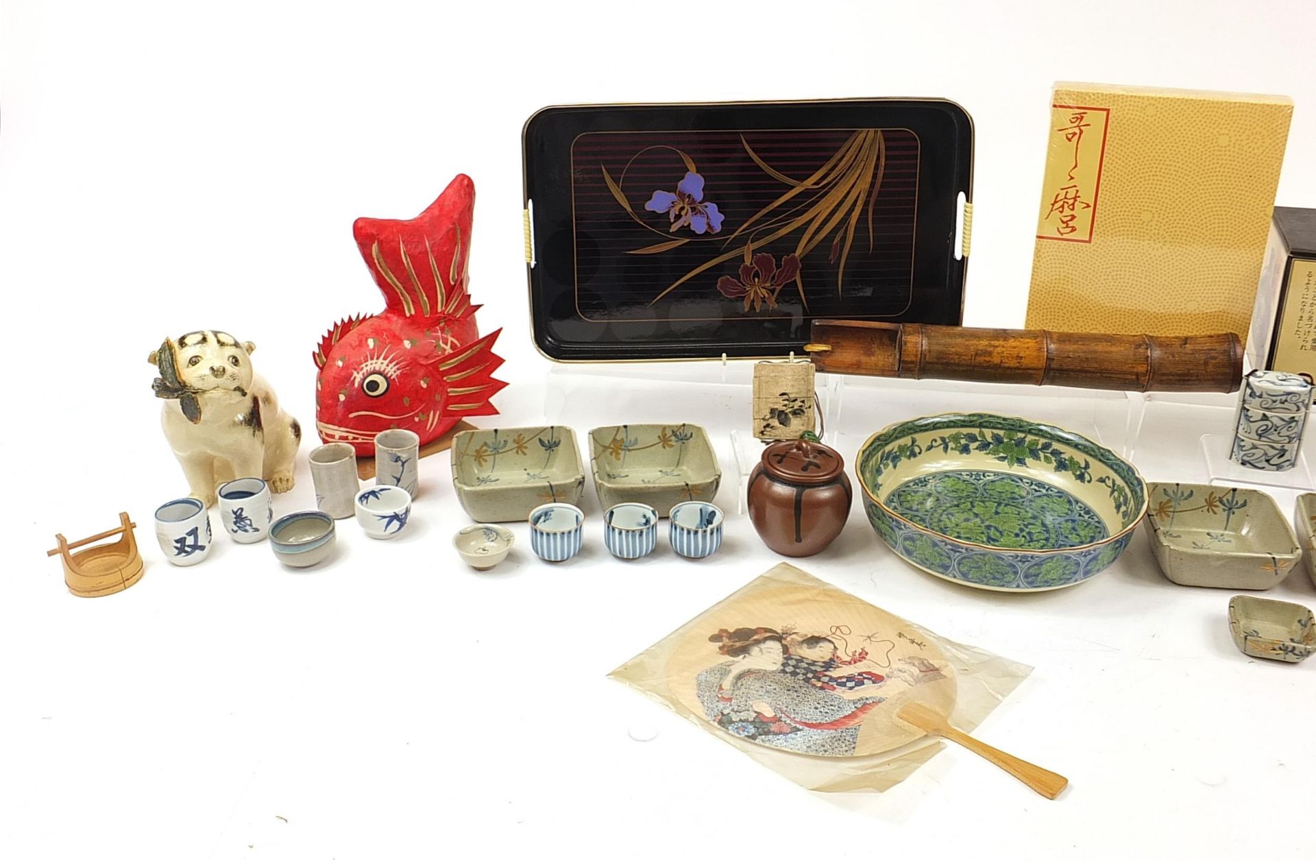 Japanese ceramics, pottery and objects including a lacquered tray, seated dog, fan and tea bowls, - Image 2 of 3