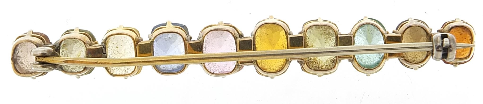 Antique unmarked gold ten stone multi gem brooch including yellow, mauve, pink and aqua blue - Image 2 of 2