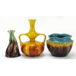 Art pottery to include a Burmantoft vase with twin handles and a Christopher Dresser style Ault