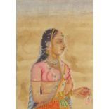 Portrait of a lady wearing traditional dress, Indian Mughal school watercolour on card, unframed,
