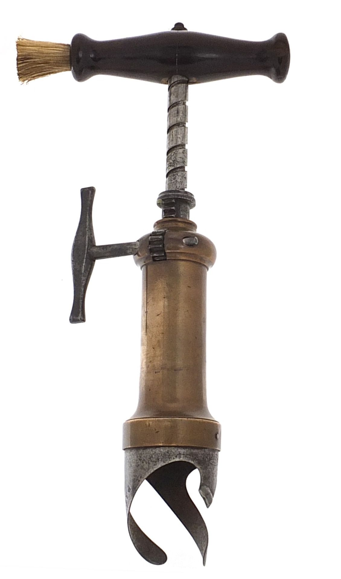 Victorian mechanical corkscrew with side brush impressed Lund Cornhill, 19cm high - Image 2 of 7