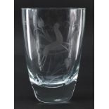 Scandinavian glass vase etched with a stylised deer, 15.5cm high