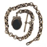 Victorian silver watch chain with bloodstone and carnelian spinner fob and T bar, 35cm in length,