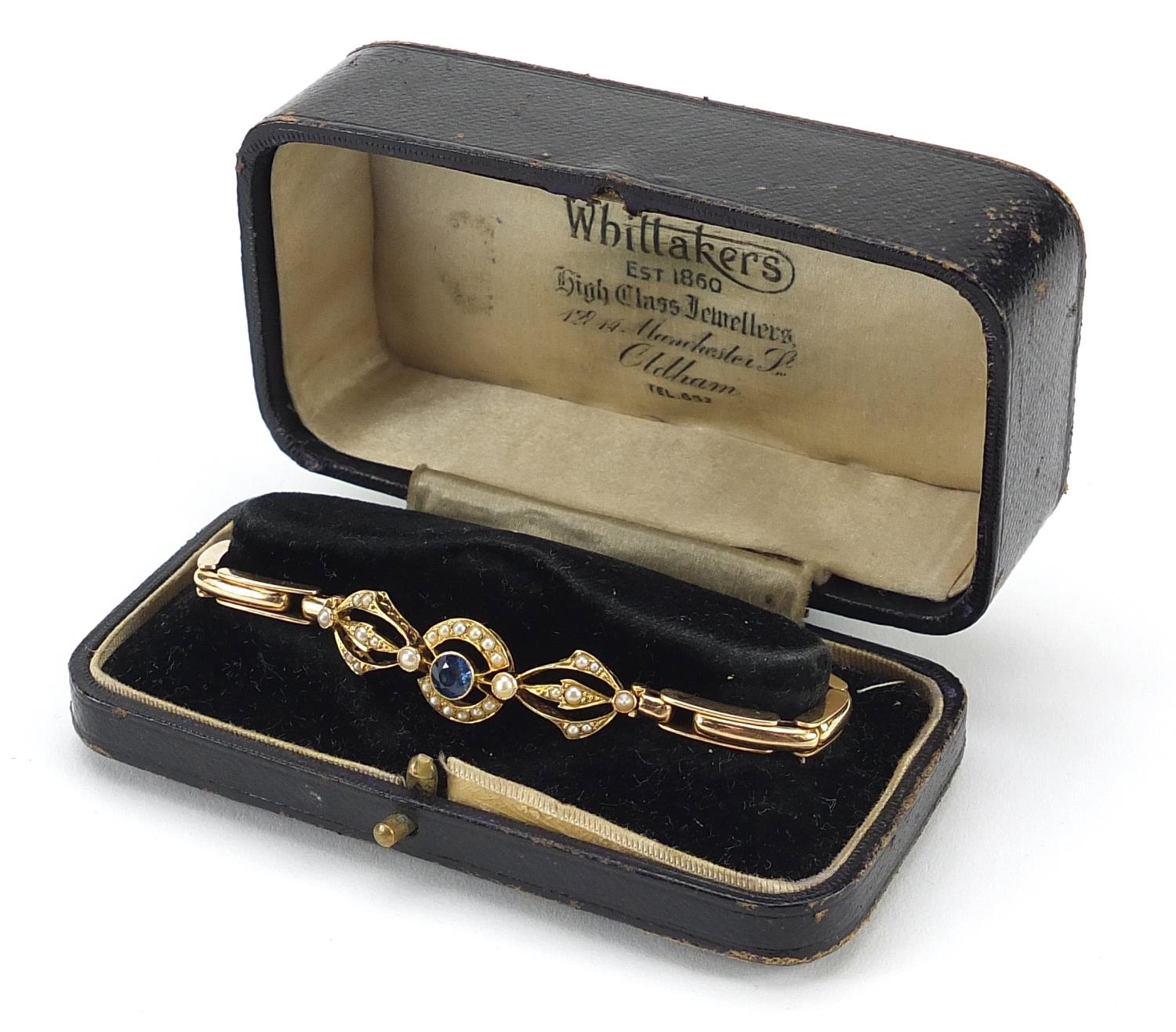 15ct gold sapphire and seed pearl bracelet housed in Wittakers Oldham fitted box, 16cm in length, - Image 4 of 5