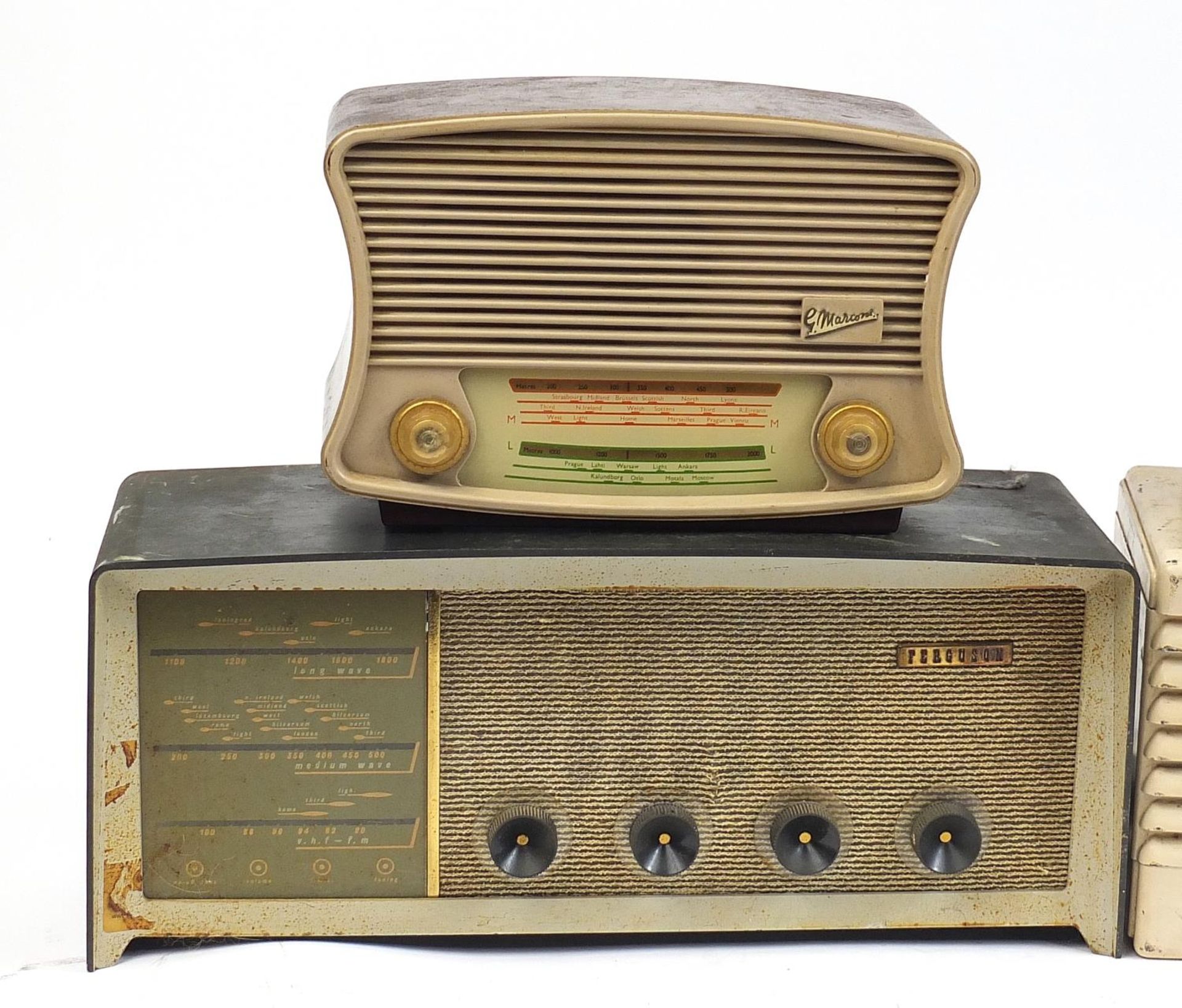 Five vintage Bakelite and wooden radios including G. Malcom, Pye and Ferguson, the largest 52cm wide - Image 2 of 3