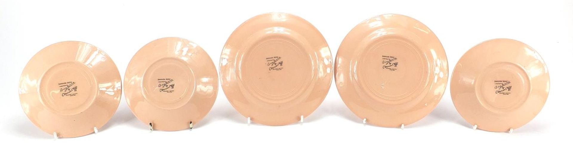 Set of three Clarice Cliff Damask Rose saucers and two plates, the largest 17.5cm in diameter - Image 4 of 5