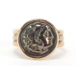 18ct three tone gold ring set with a roman coin, size E, 2.3g