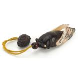 Japanese hardwood and mother of pearl inro with netsuke, 12.5cm in length