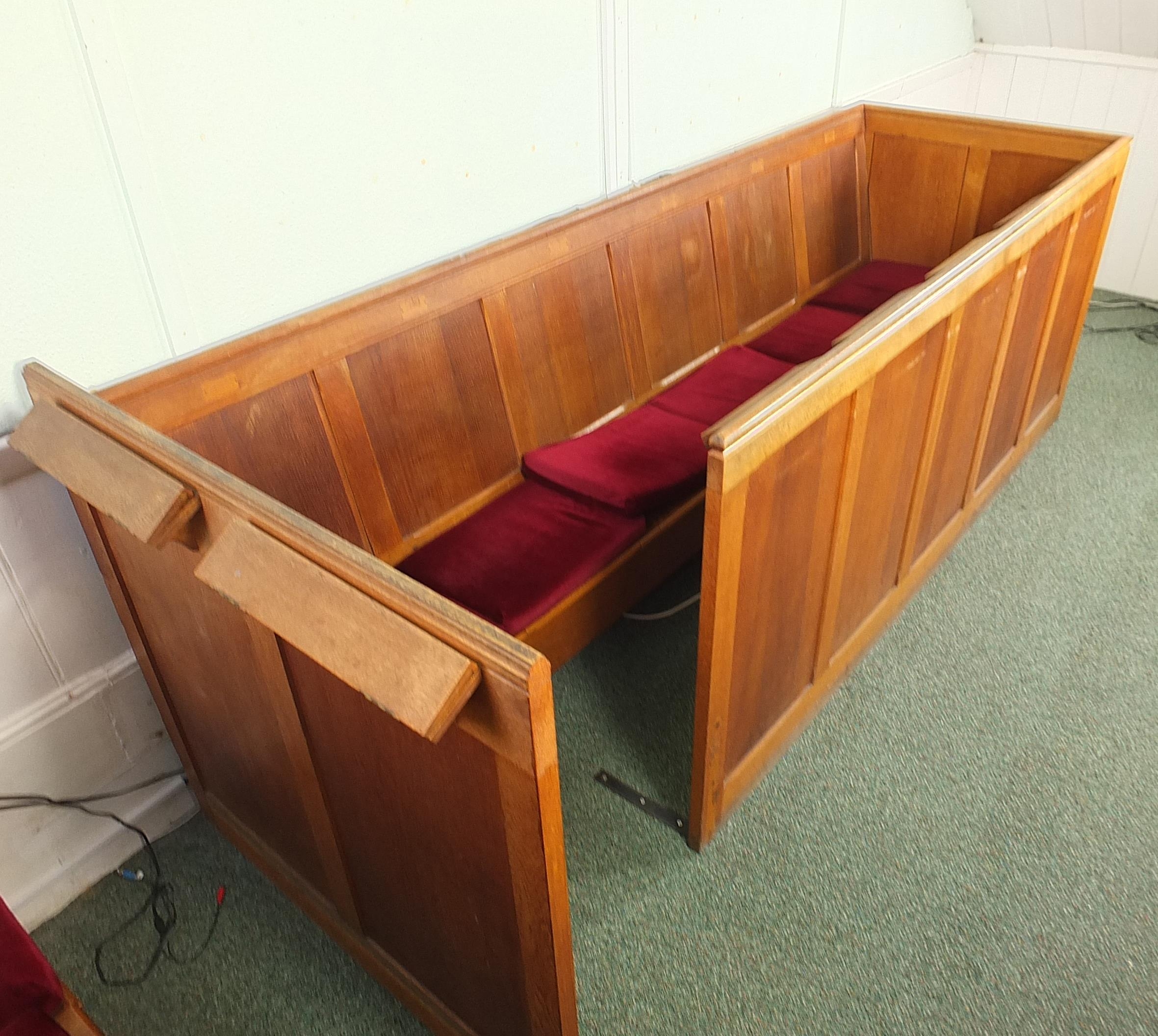 Oak church bench with lift up seats and folding book rests, 96cm H x 285cm W x 88cm D - Image 2 of 4