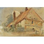 Cottage before a landscape, early 20th century watercolour, monogrammed A K, mounted, framed and