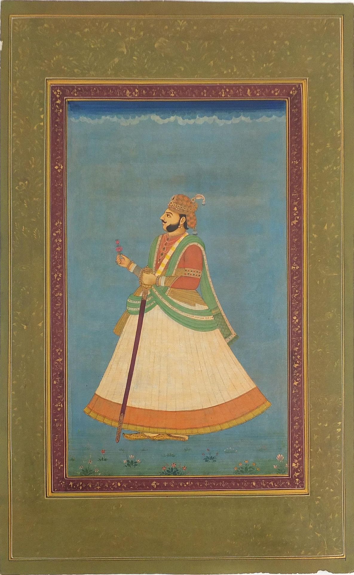 Portrait of a gentleman holding a sword and flowers, Indian Mughal school watercolour on card, - Image 2 of 3