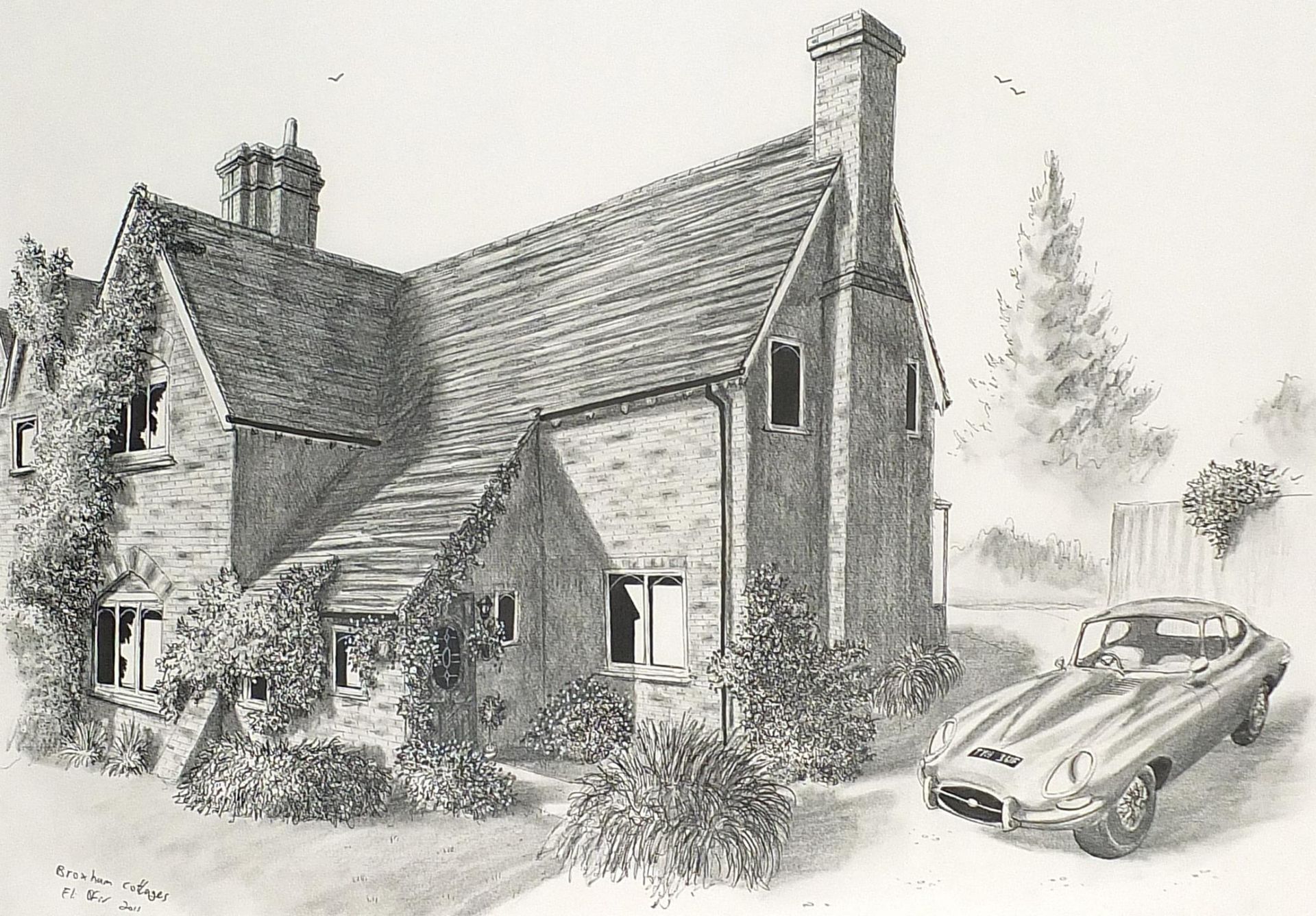 Broxham Cottages, pair of pencil drawings, each mounted, framed and glazed, the largest 57cm x 40. - Image 6 of 9