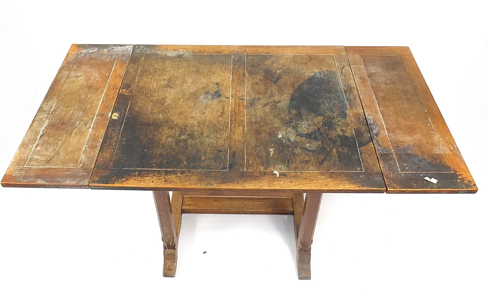 Art Deco oak draw leaf dining table with six chairs including a carver, the table 75cm H x 84cm W - Image 5 of 7