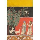 Two figures beside animals and trees, Indian Mughal school watercolour on card, unframed, 25.5cm x