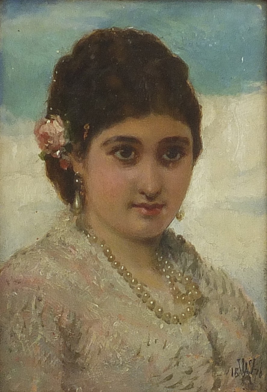 Head and shoulders portrait of a lady wearing pearls, late 19th century Italian oil, indistinctly