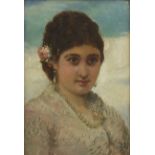 Head and shoulders portrait of a lady wearing pearls, late 19th century Italian oil, indistinctly