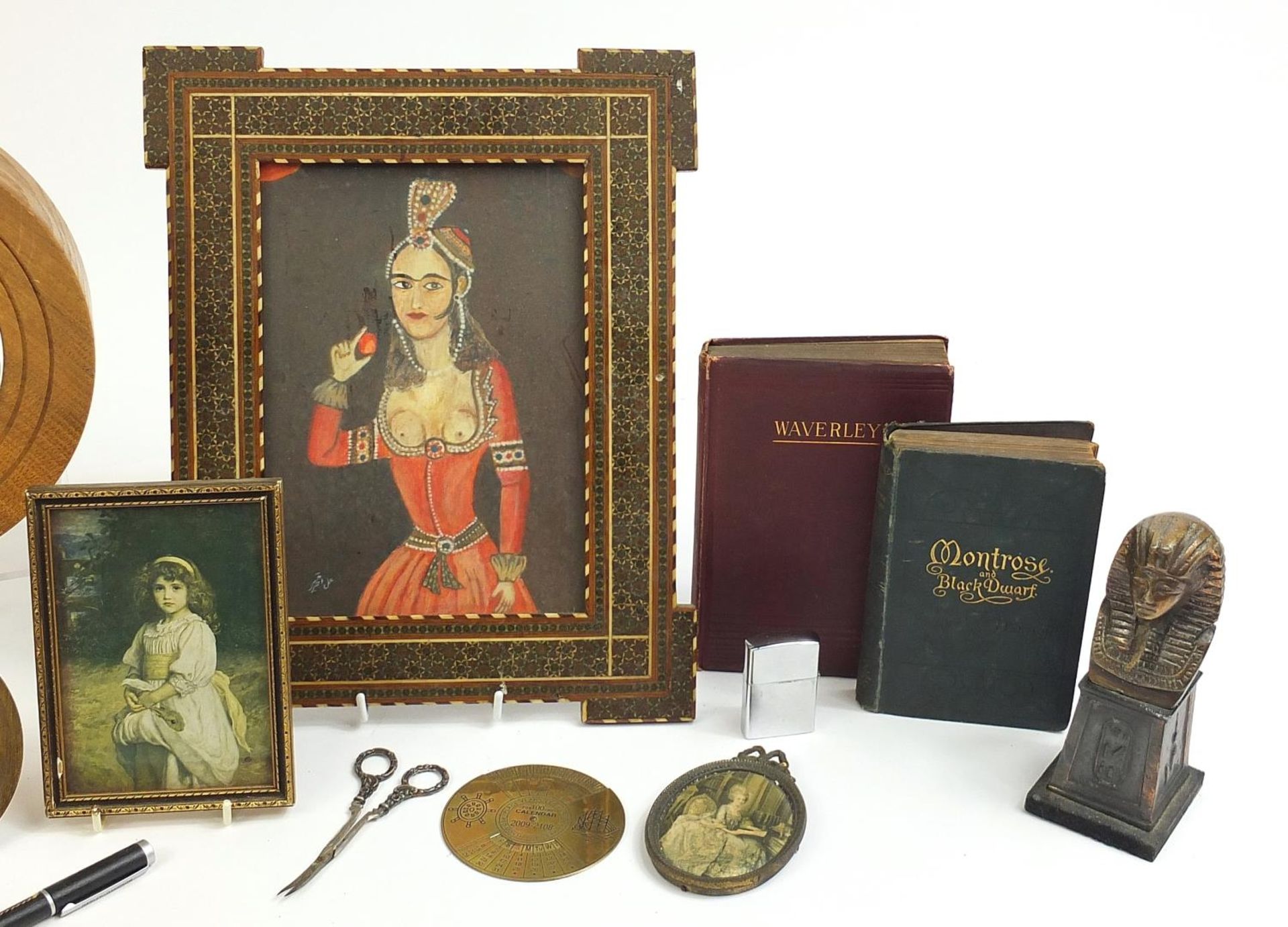 Objects including portrait miniatures, one hand painted of a young female, brass mantle clock - Image 4 of 4