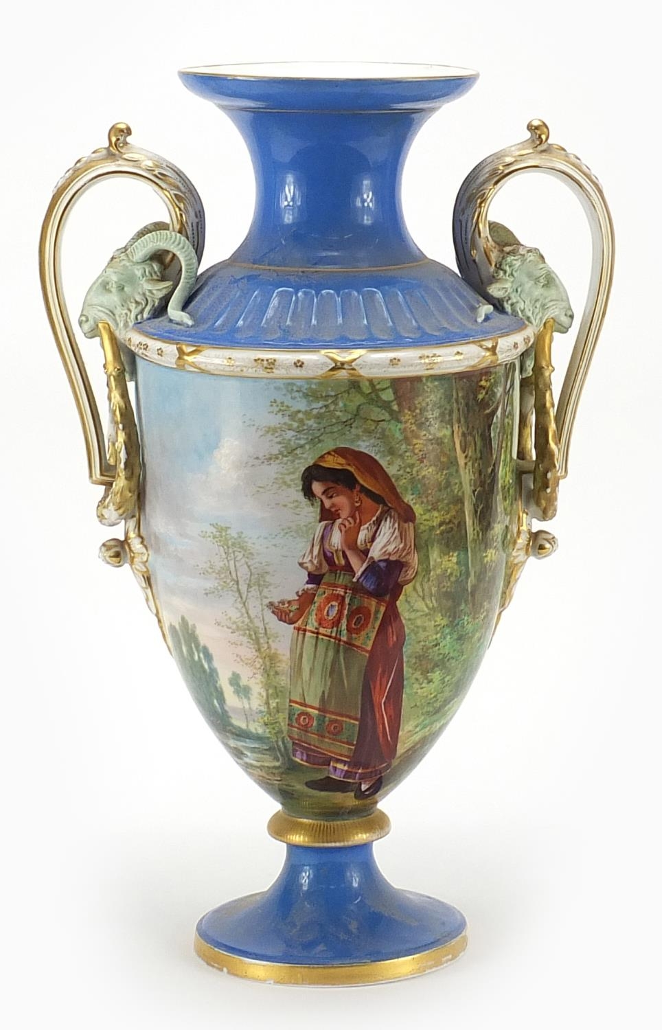 Large 19th century porcelain vase with twin goat head handles, hand painted with a young gypsy