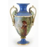 Large 19th century porcelain vase with twin goat head handles, hand painted with a young gypsy