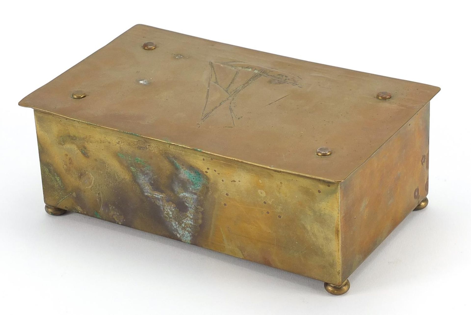 WMF, German Art Nouveau brass casket embossed with a sailing ship, 7cm H x 19cm W x 11.5cm D - Image 2 of 4