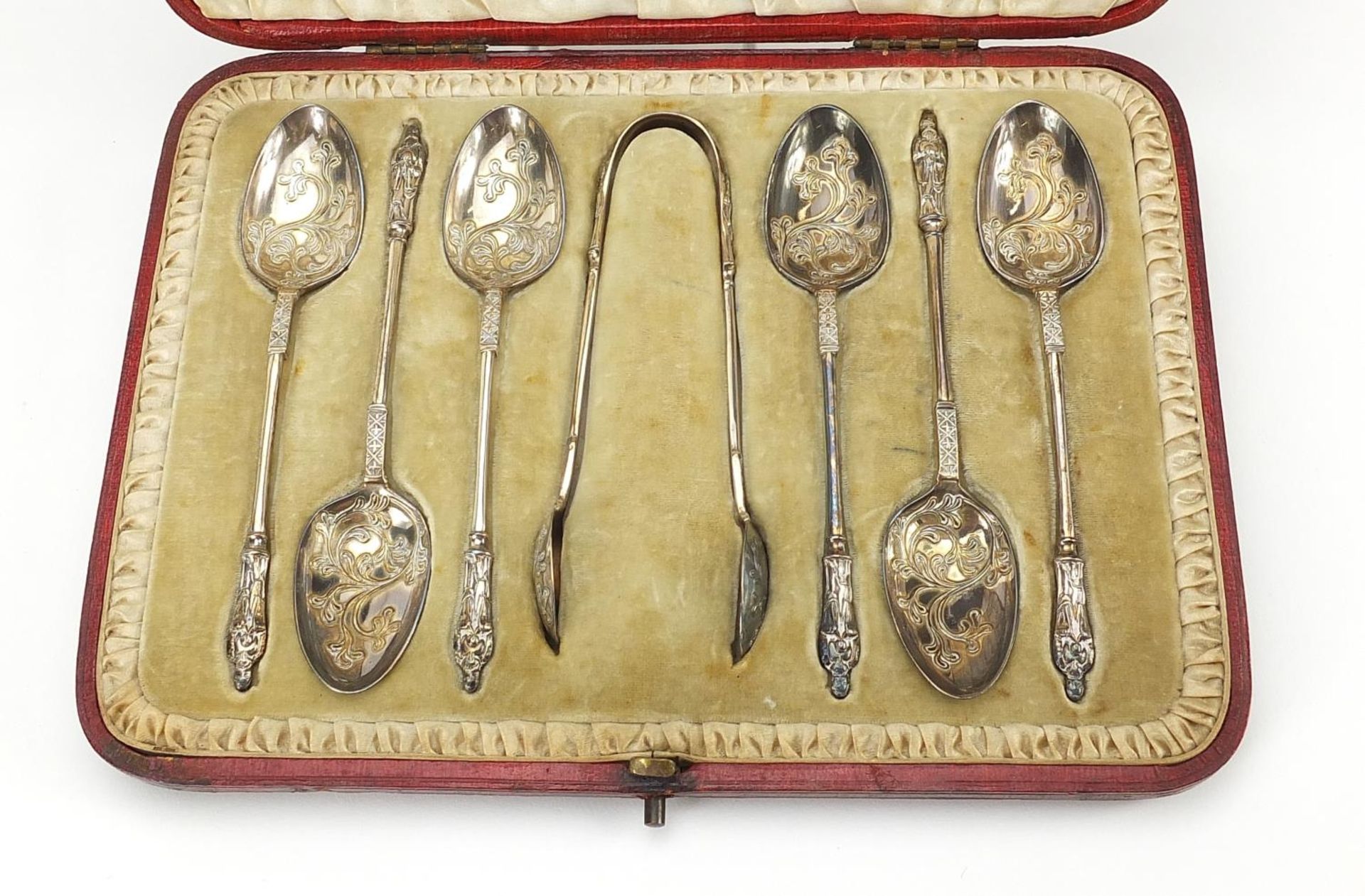 Mappin & Webb, set of six Edwardian silver apostle teaspoons and sugar tongs housed in a velvet - Image 2 of 6