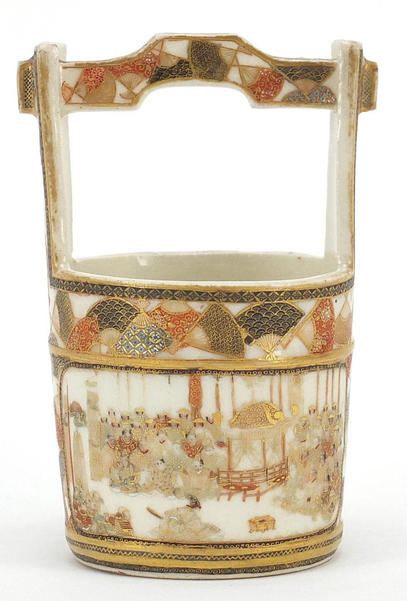 Good Japanese Satsuma pottery Ikebana basket finely hand painted with fan motifs and figures,