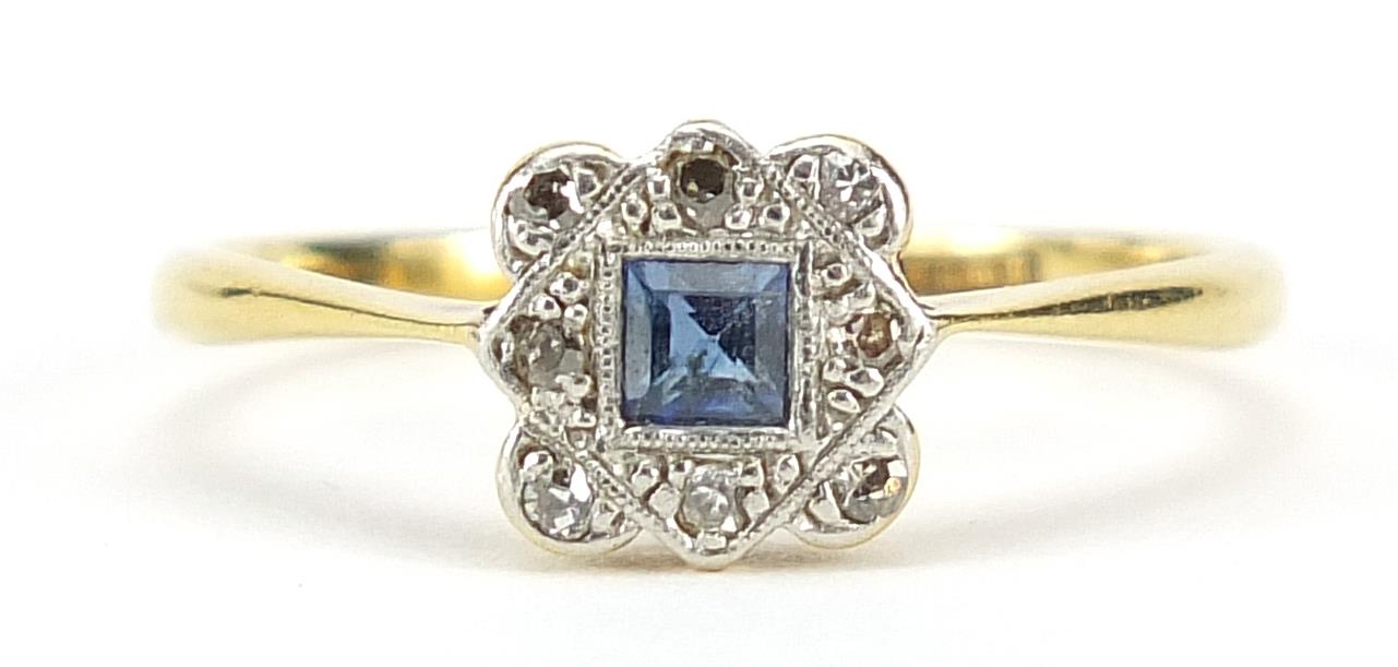Art Deco 18ct gold and platinum sapphire and diamond ring, size Q, 2.4g