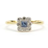 Art Deco 18ct gold and platinum sapphire and diamond ring, size Q, 2.4g