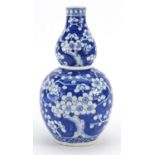Chinese blue and white porcelain double gourd vase hand painted with prunus flowers, 24cm high