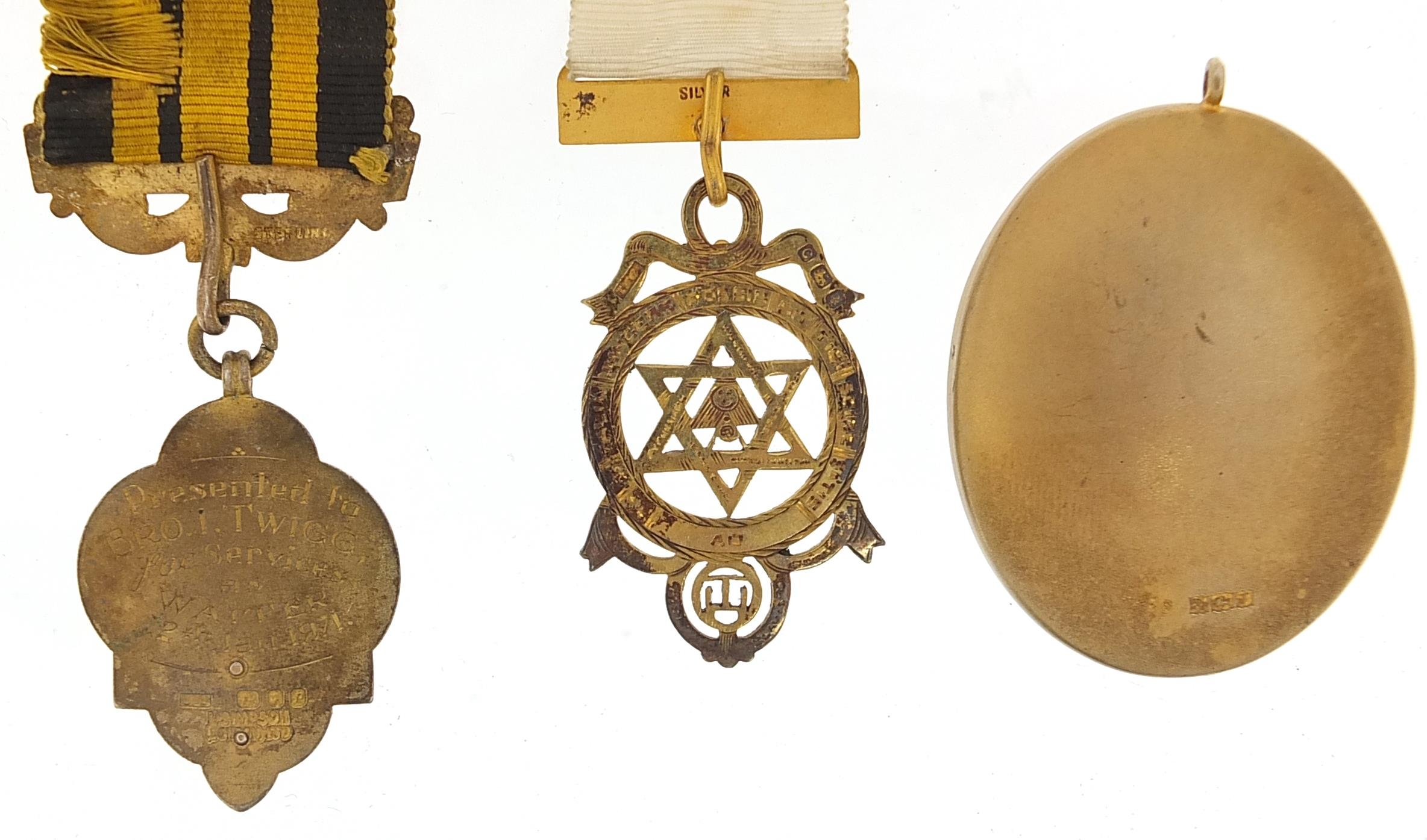 Three silver gilt masonic and RAOB jewels, one enamel, the largest 11cm high, total weight 80.6g - Image 4 of 4