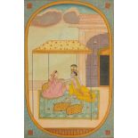 Two seated females beneath a canopy, Indian Mughal school watercolour on card, unframed, 33cm x 21.