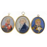 Three oval hand painted portrait miniatures including one of a Royal Artillery Officer and one of