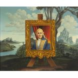 Peter Lawman - Portrait of a gentleman wearing military dress before a landscape, comical oil on