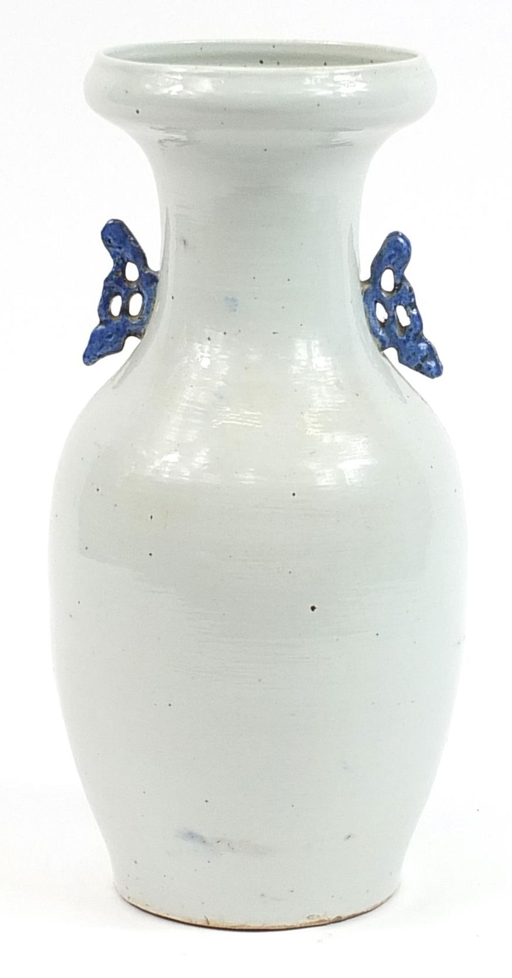 Chinese blue and white porcelain vase with twin handles hand painted with a bird amongst flowers, - Image 2 of 3